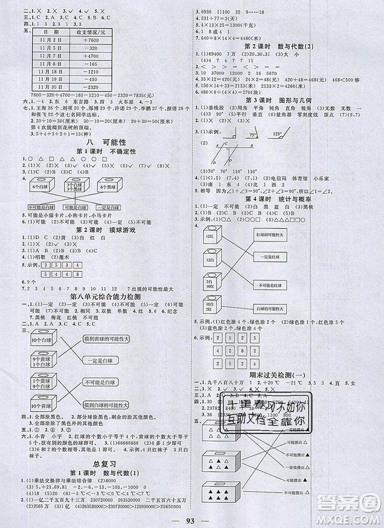 2019年陽光同學(xué)課時(shí)優(yōu)化作業(yè)四年級數(shù)學(xué)上冊北師大版深圳專用參考答案