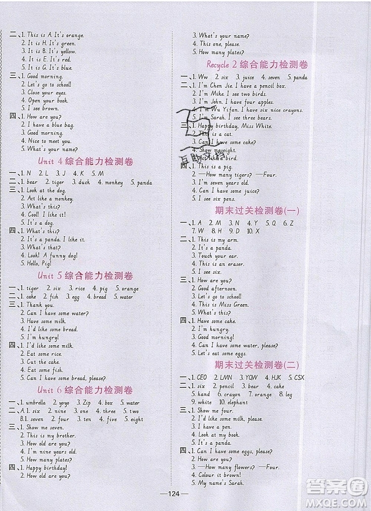 2019年陽光同學(xué)課時優(yōu)化作業(yè)三年級英語上冊人教版參考答案