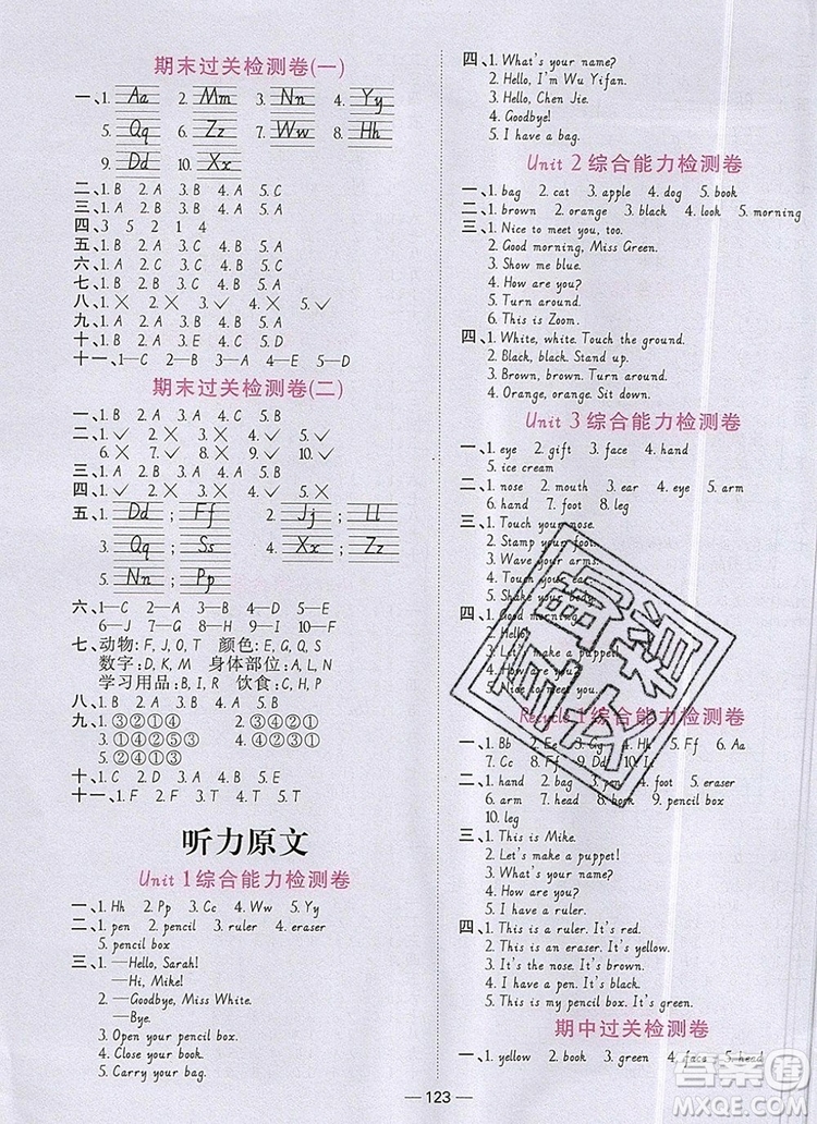 2019年陽光同學(xué)課時優(yōu)化作業(yè)三年級英語上冊人教版參考答案