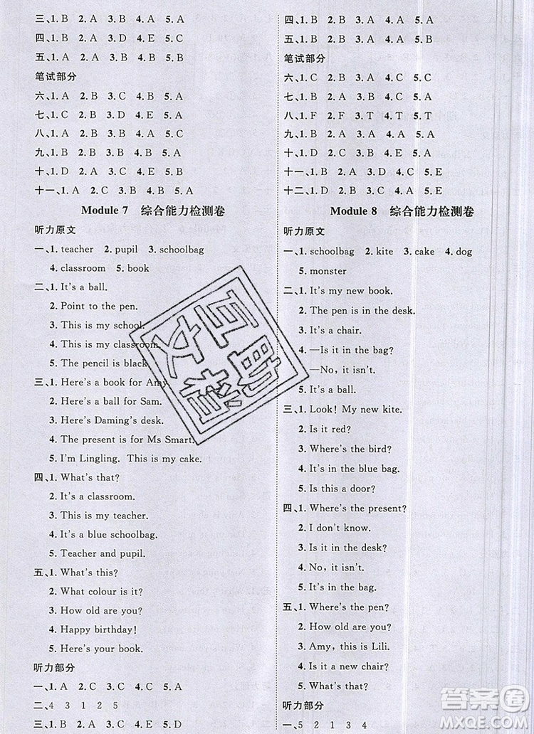 2019年陽光同學(xué)課時優(yōu)化作業(yè)三年級英語上冊外研版參考答案
