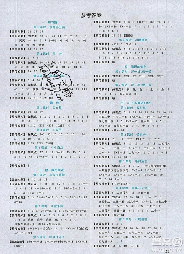 2019年陽光同學(xué)課時(shí)優(yōu)化作業(yè)二年級數(shù)學(xué)上冊北師大版深圳專用參考答案