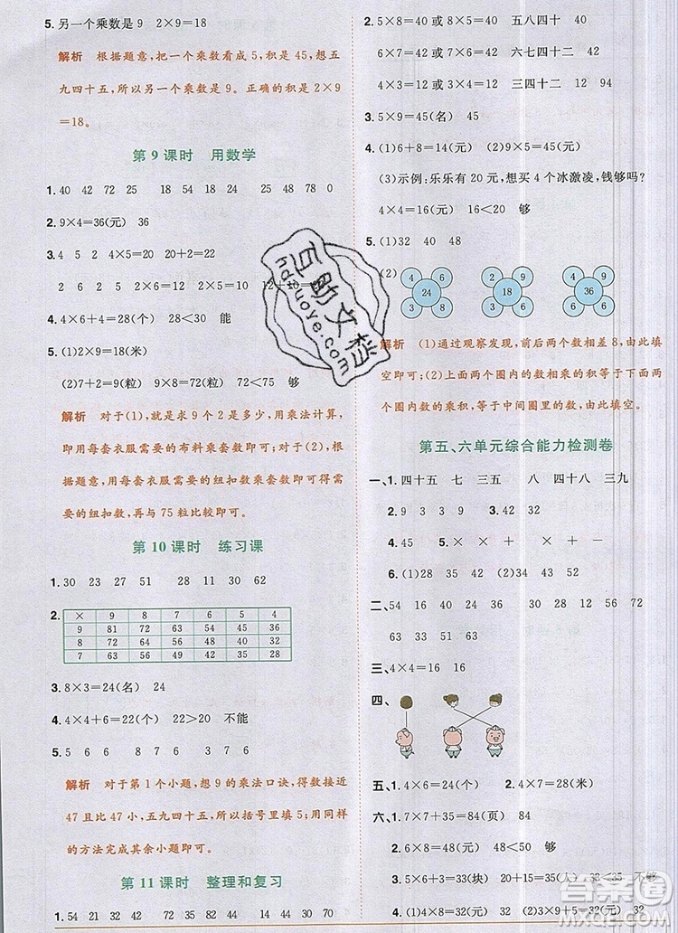 2019年陽光同學課時優(yōu)化作業(yè)二年級數(shù)學上冊人教版參考答案
