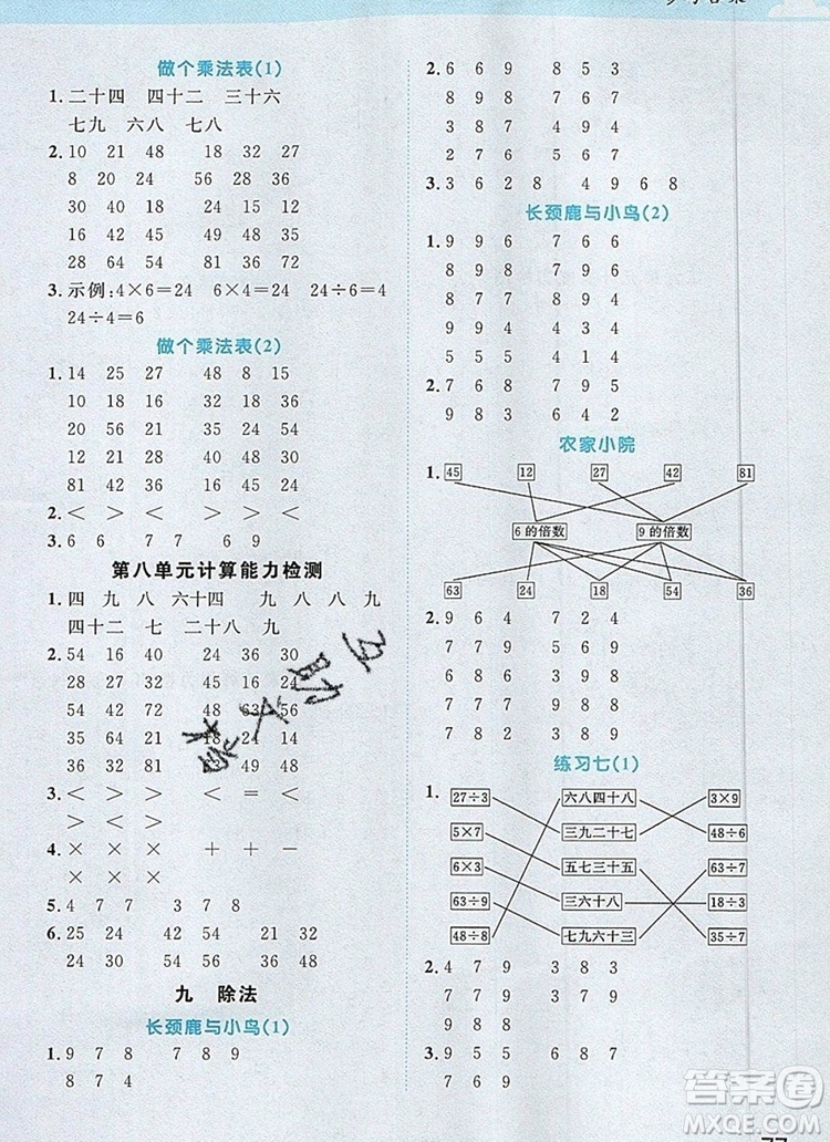 2019年陽光同學(xué)計算小達(dá)人二年級數(shù)學(xué)上冊北師大版參考答案