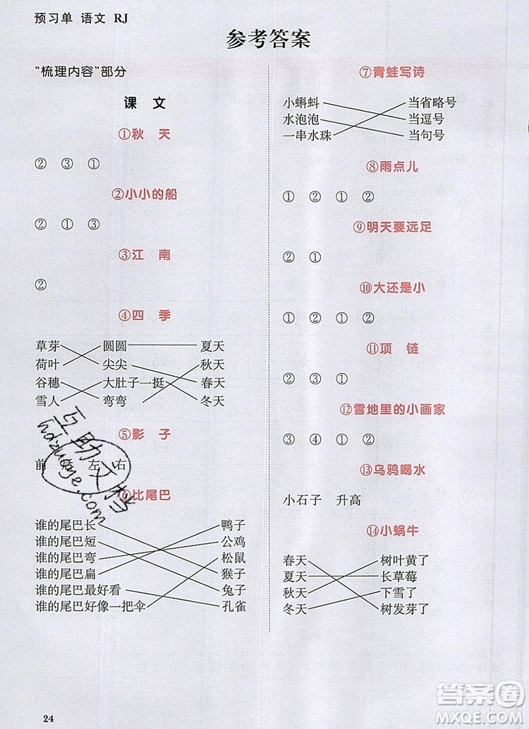 2019年陽光同學課時優(yōu)化作業(yè)一年級語文上冊人教版參考答案