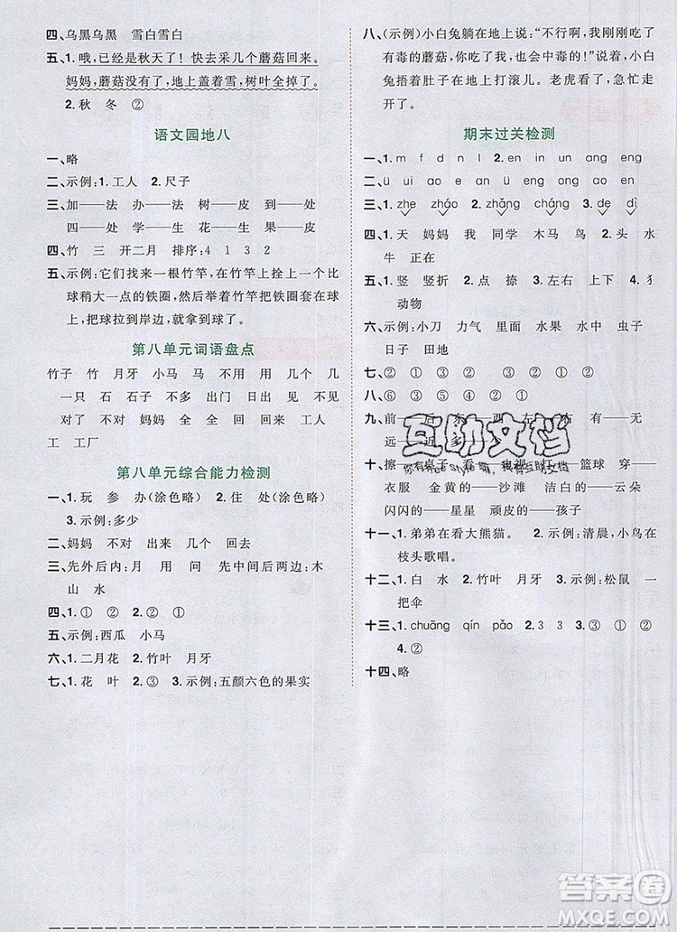 2019年陽光同學課時優(yōu)化作業(yè)一年級語文上冊人教版參考答案
