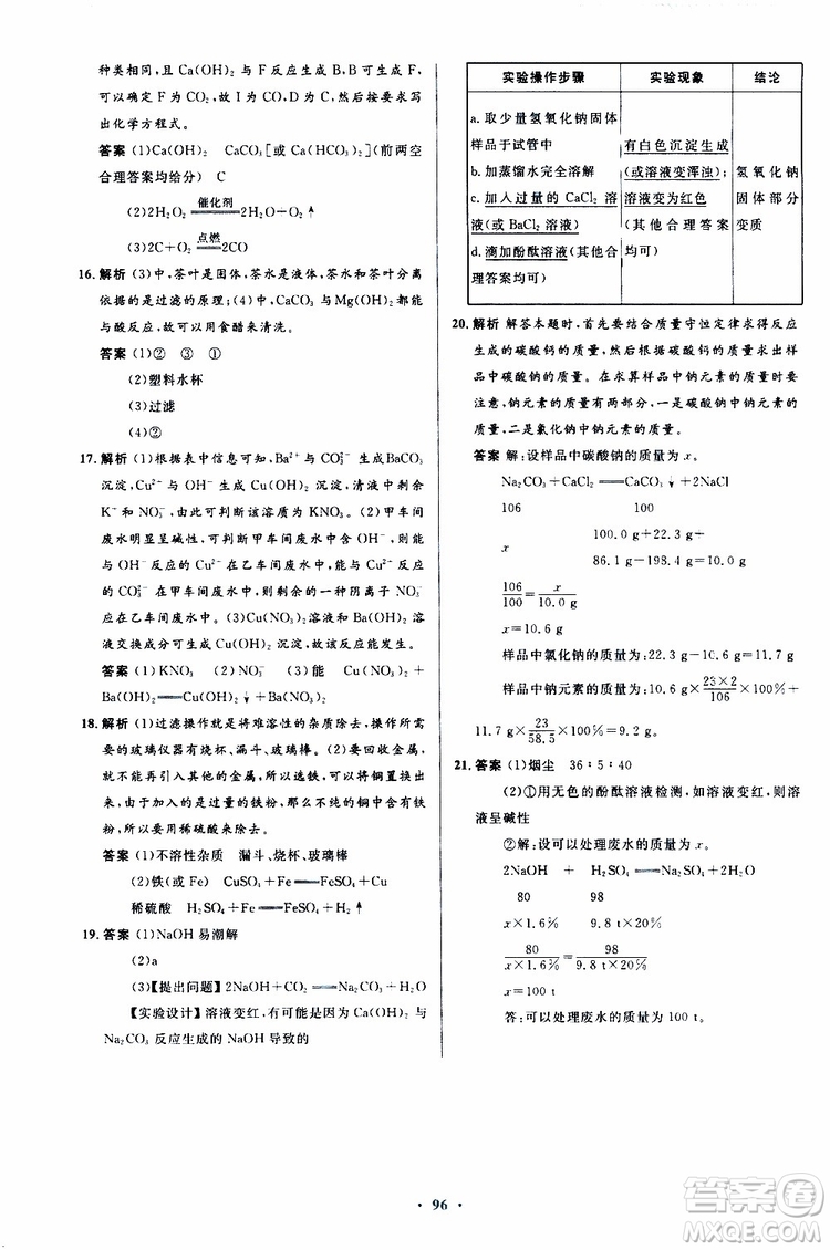 2019年初中同步測(cè)控優(yōu)化設(shè)計(jì)九年級(jí)全一冊(cè)化學(xué)人教版參考答案