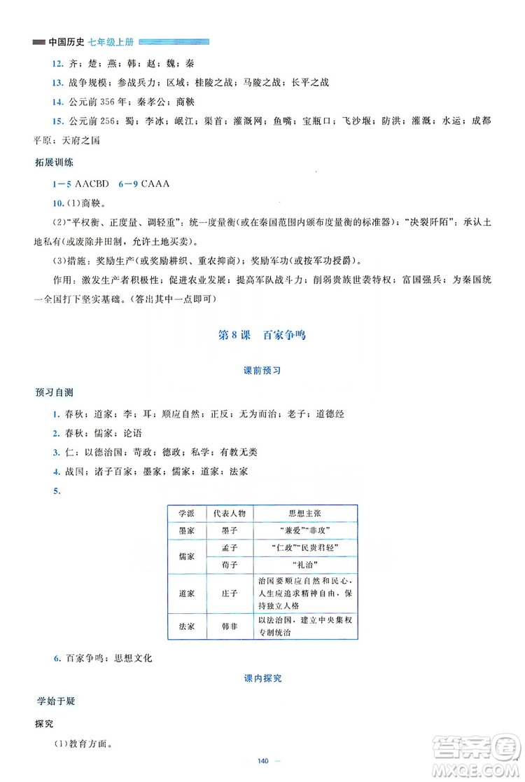 北京師范大學(xué)出版社2019年課堂精練七年級(jí)中國(guó)歷史上冊(cè)大慶專版答案