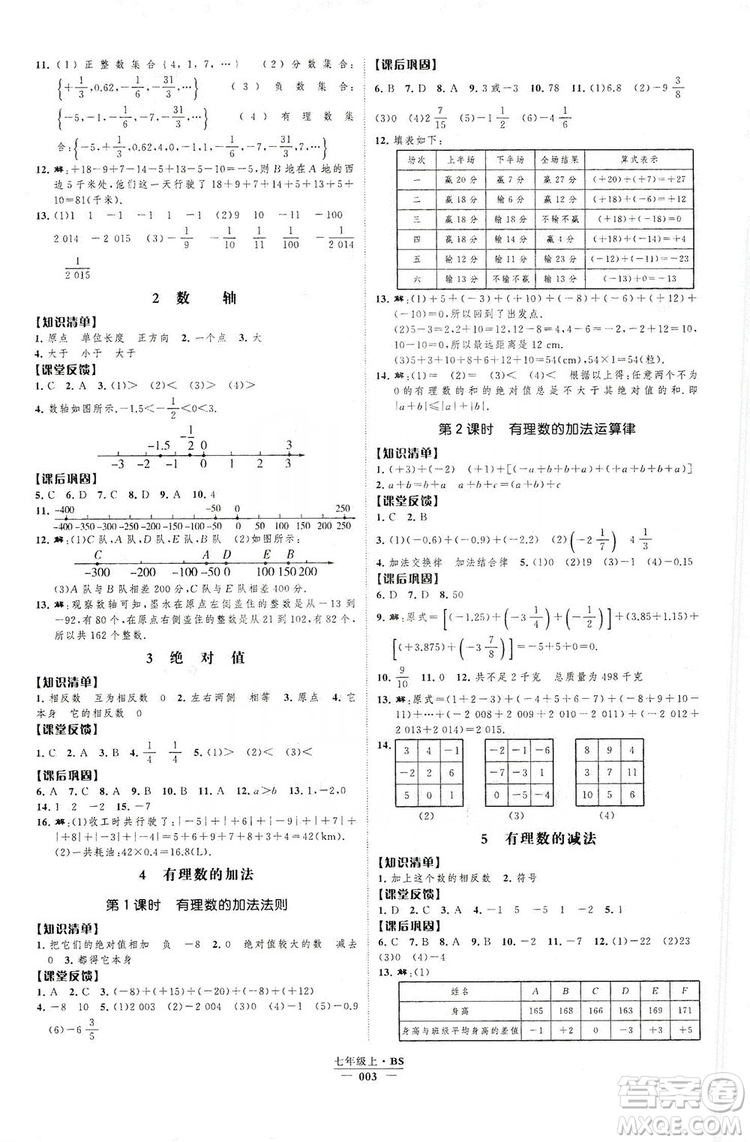 經(jīng)綸學典2019新課時作業(yè)七年級數(shù)學上冊北師大版A本答案