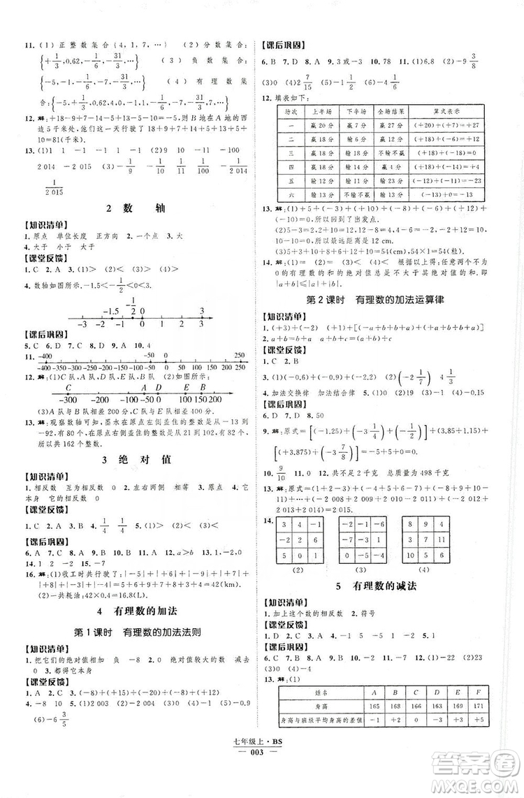 經(jīng)綸學典2019新課時作業(yè)七年級數(shù)學上冊北師大版B本答案