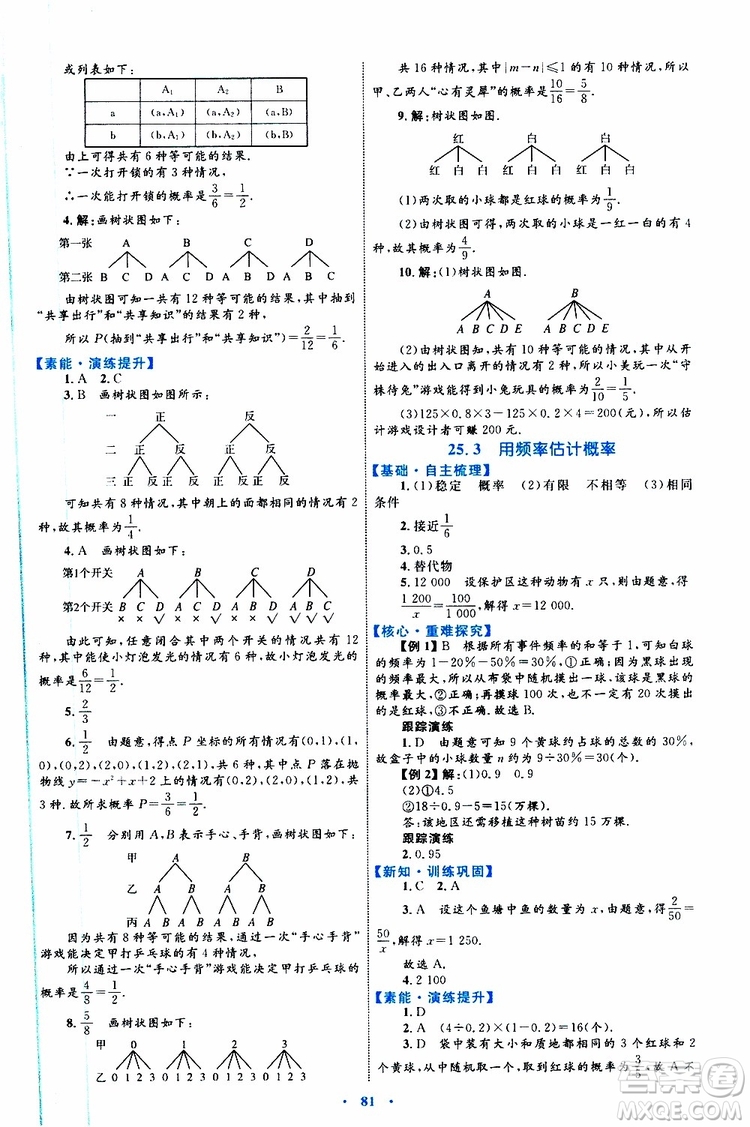 2019年初中同步學(xué)習(xí)目標(biāo)與檢測數(shù)學(xué)九年級全一冊參考答案
