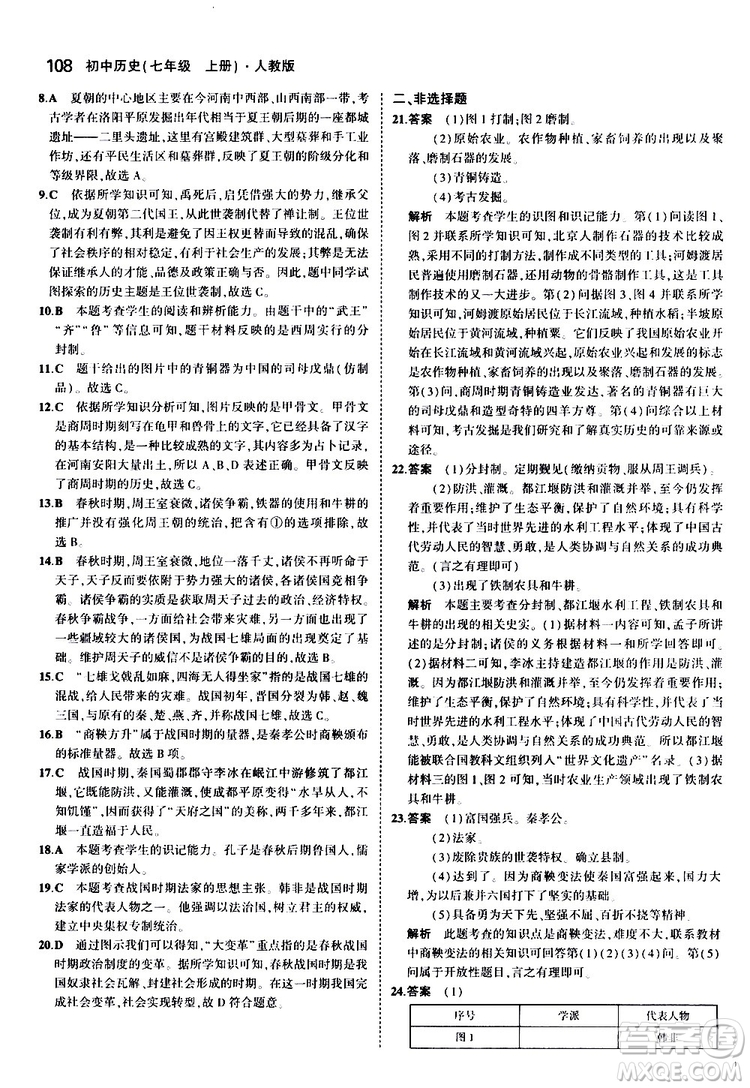 曲一線2020版5年中考3年模擬初中歷史七年級上冊全練版人教版參考答案