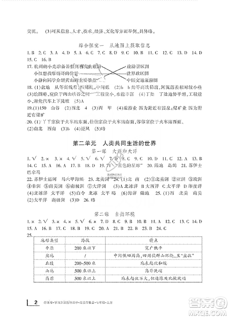 寧波出版社2019新課標(biāo)學(xué)習(xí)方法指導(dǎo)叢書7年級(jí)歷史與社會(huì)上冊(cè)人教版答案