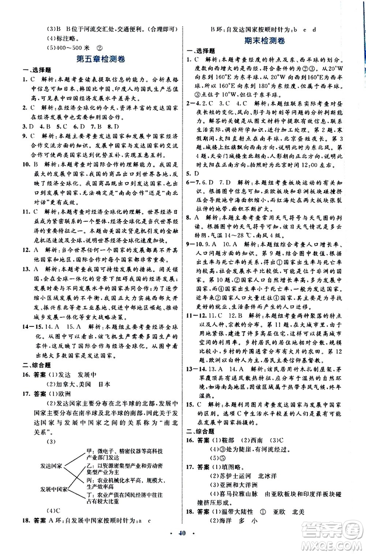 2019年初中同步學(xué)習(xí)目標與檢測地理七年級上冊人教版參考答案