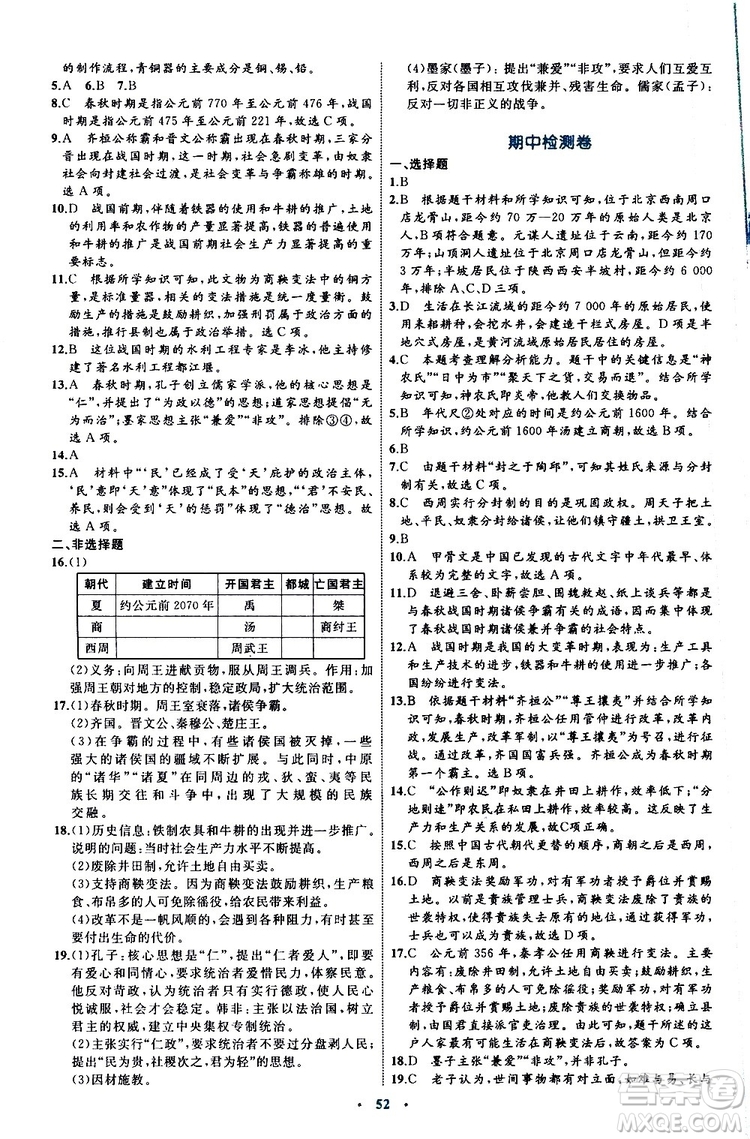 2019年初中同步學習目標與檢測歷史七年級上冊人教版參考答案