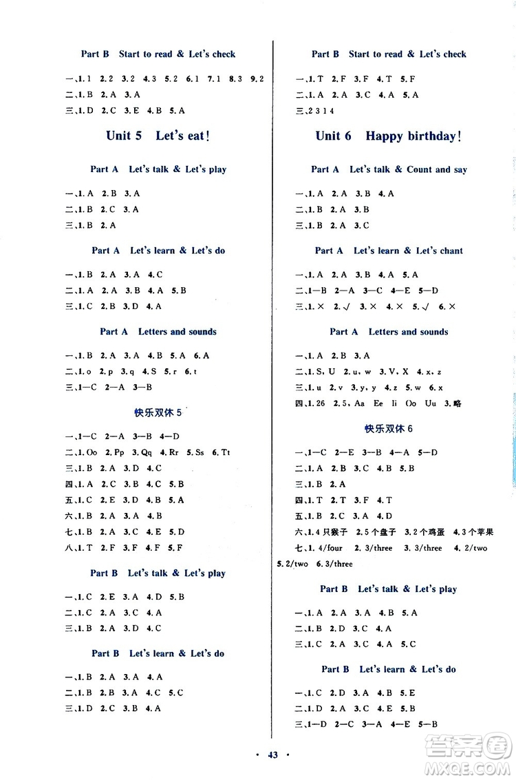 2019年小學(xué)同步學(xué)習(xí)目標(biāo)與檢測(cè)英語(yǔ)三年級(jí)上冊(cè)人教版參考答案