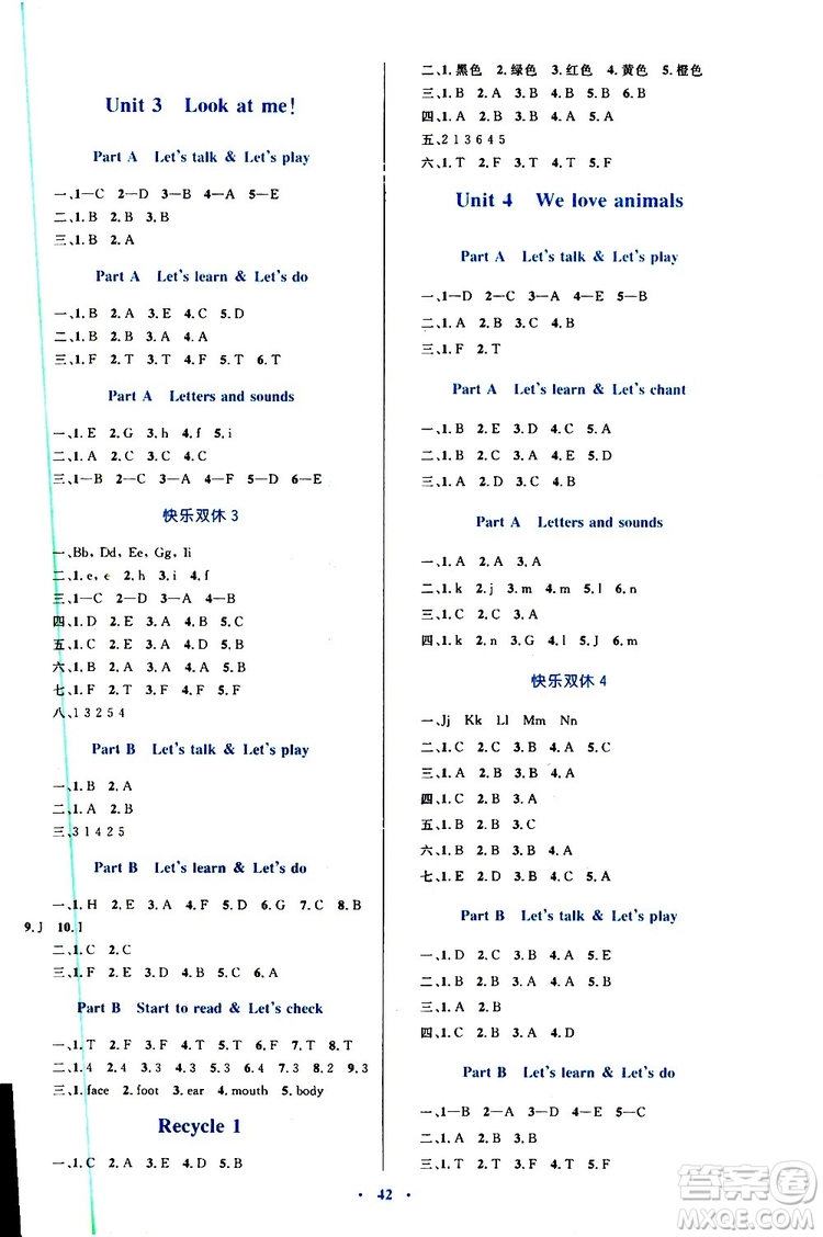 2019年小學(xué)同步學(xué)習(xí)目標(biāo)與檢測(cè)英語(yǔ)三年級(jí)上冊(cè)人教版參考答案