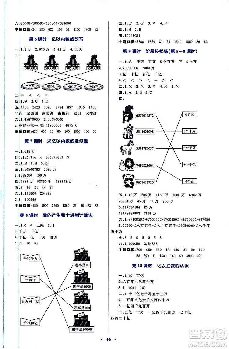 2019年小學(xué)同步學(xué)習(xí)目標(biāo)與檢測數(shù)學(xué)四年級(jí)上冊人教版參考答案