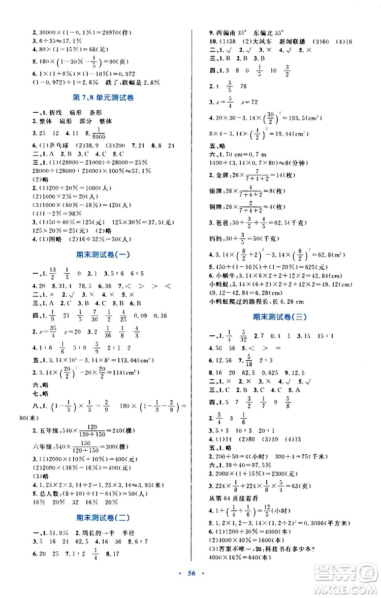 2019年小學(xué)同步學(xué)習(xí)目標與檢測數(shù)學(xué)六年級上冊人教版參考答案