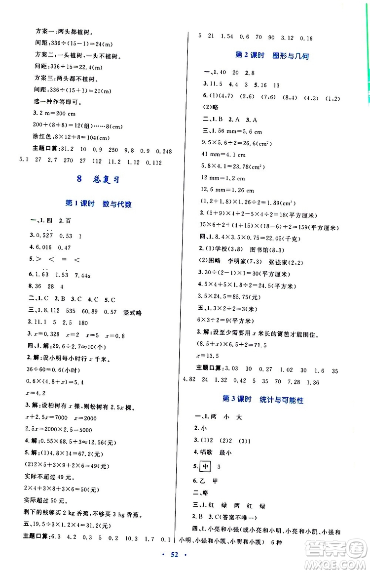 2019年小學(xué)同步學(xué)習(xí)目標(biāo)與檢測(cè)數(shù)學(xué)五年級(jí)上冊(cè)人教版參考答案