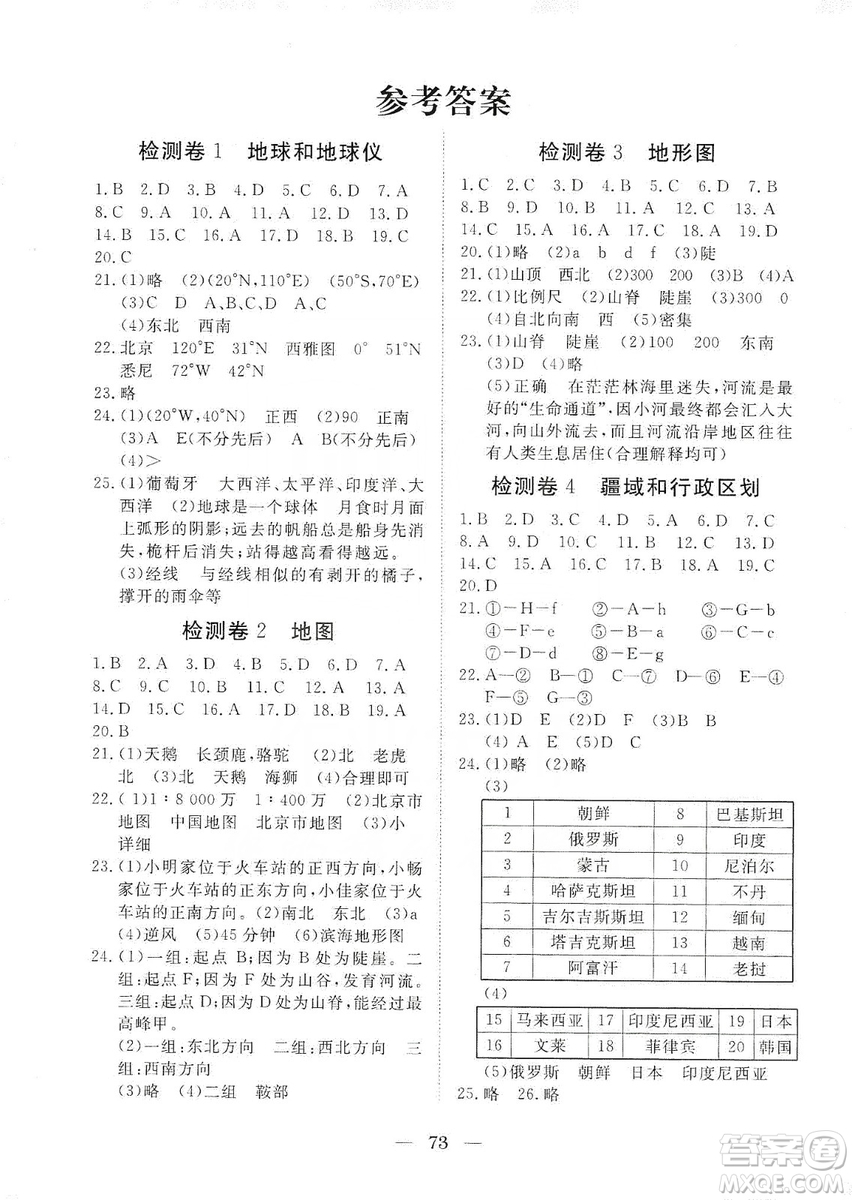 湖北教育出版社2019黃岡測(cè)試卷七年級(jí)地理上冊(cè)答案
