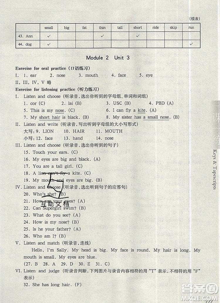 2019年華東師大版一課一練二年級(jí)英語(yǔ)第一學(xué)期N版參考答案