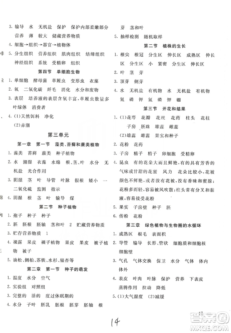 北京教育出版社2019新課堂AB卷單元測試七年級生物學(xué)上冊配人民教育版答案