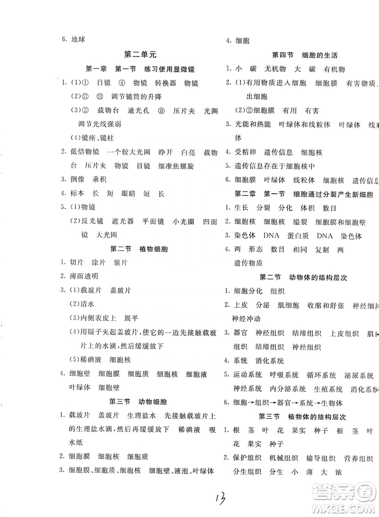 北京教育出版社2019新課堂AB卷單元測試七年級生物學(xué)上冊配人民教育版答案