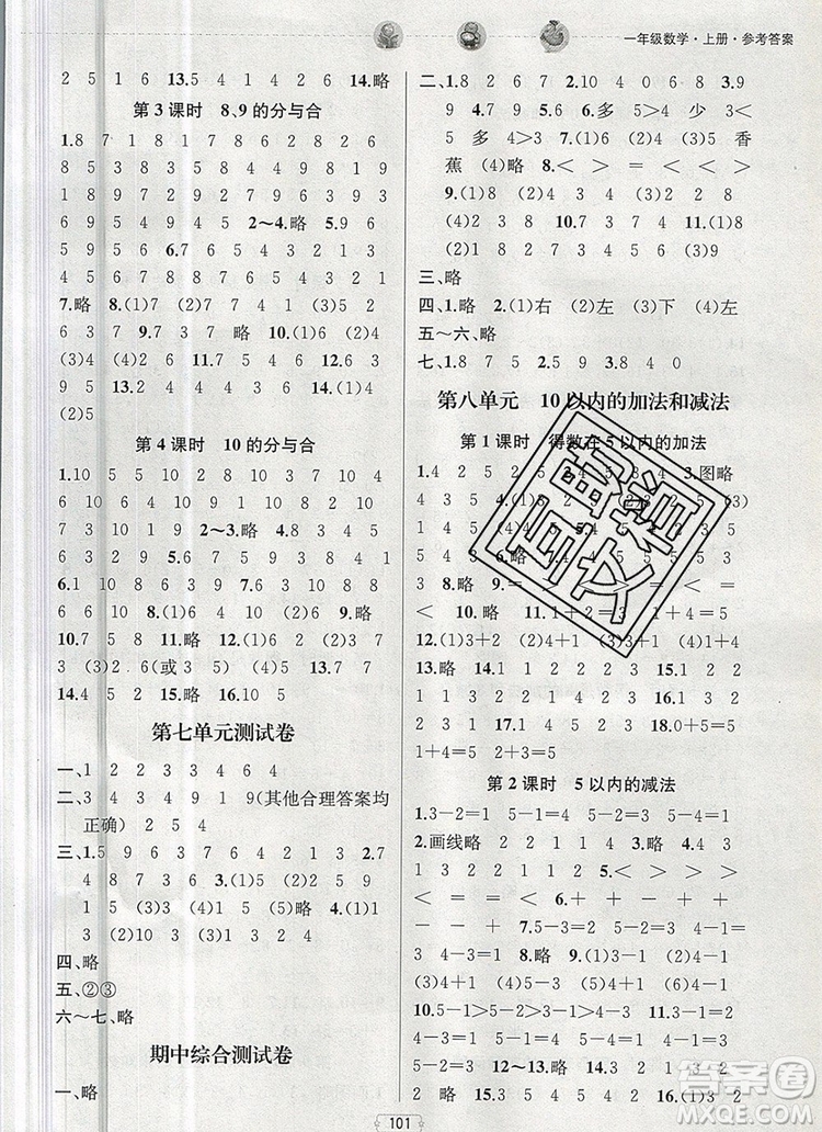 2019年金鑰匙提優(yōu)訓(xùn)練課課練一年級數(shù)學(xué)上冊江蘇版參考答案