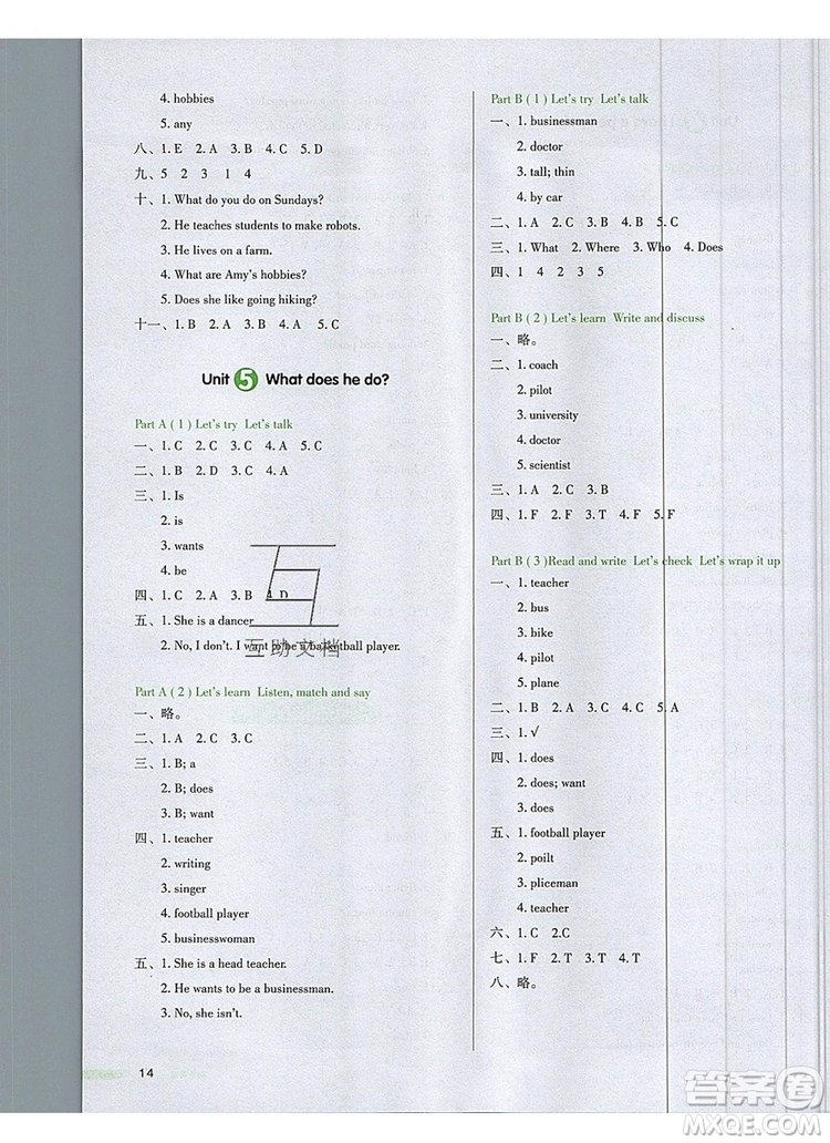 2019年一本我愛(ài)寫(xiě)作業(yè)小學(xué)英語(yǔ)六年級(jí)上冊(cè)人教PEP版參考答案