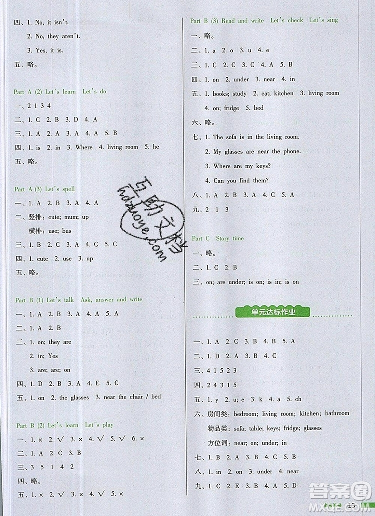 2019年一本我愛寫作業(yè)小學(xué)英語(yǔ)四年級(jí)上冊(cè)人教PEP版參考答案