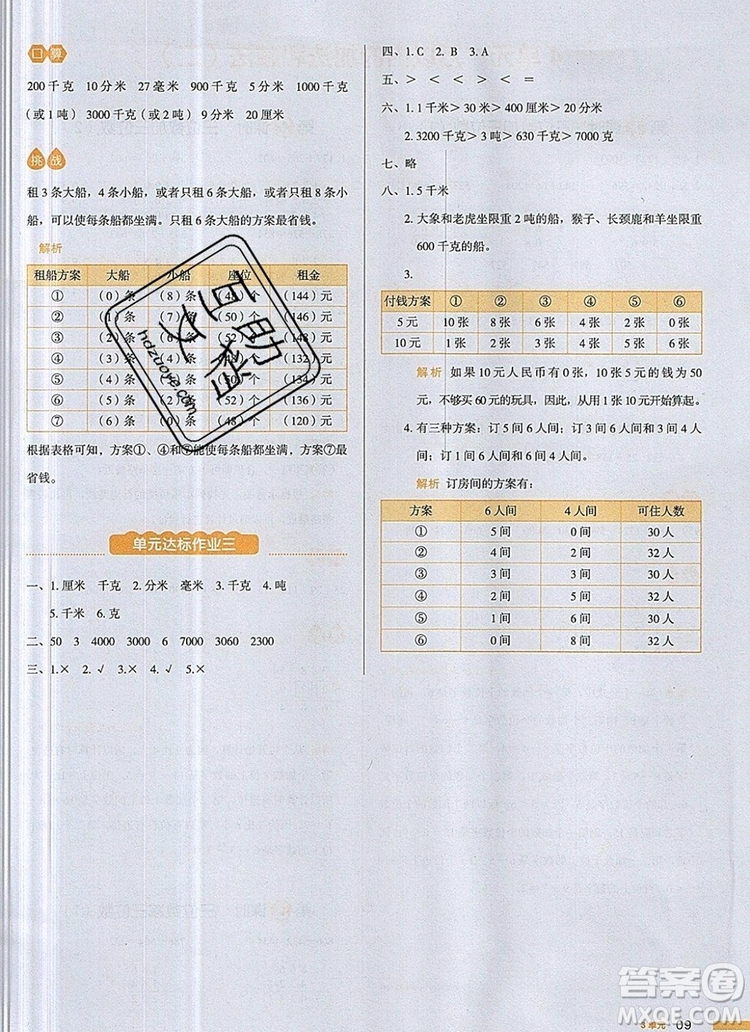 2019年一本我愛寫作業(yè)小學(xué)數(shù)學(xué)三年級(jí)上冊人教版參考答案