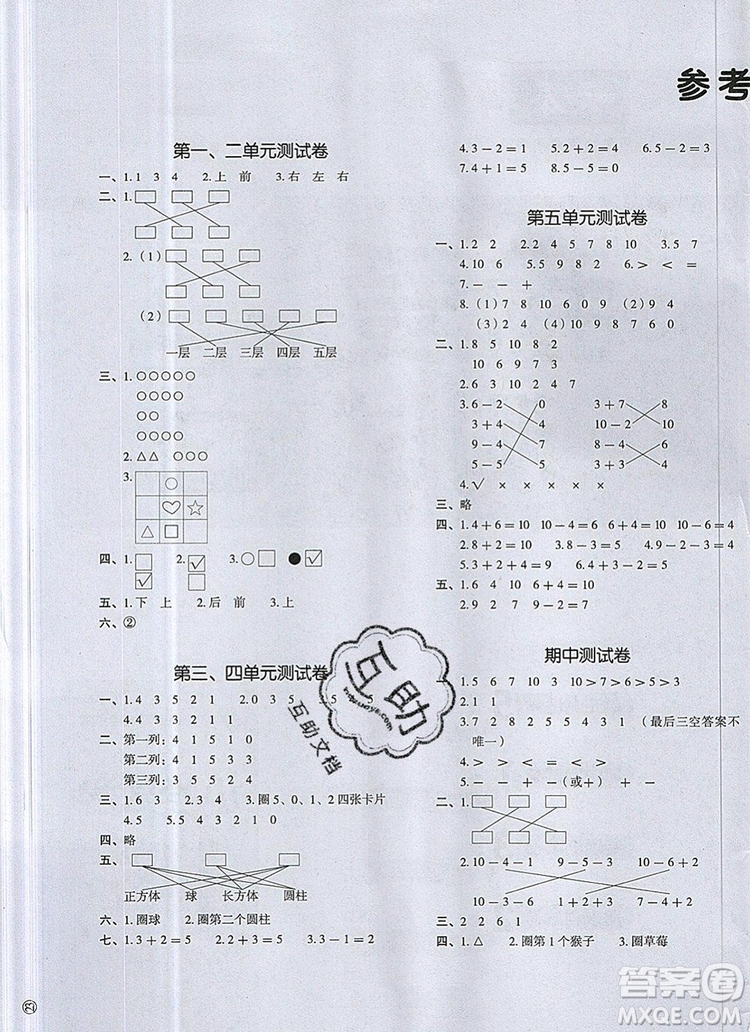 2019年一本我愛寫作業(yè)小學(xué)數(shù)學(xué)一年級(jí)上冊(cè)人教版參考答案