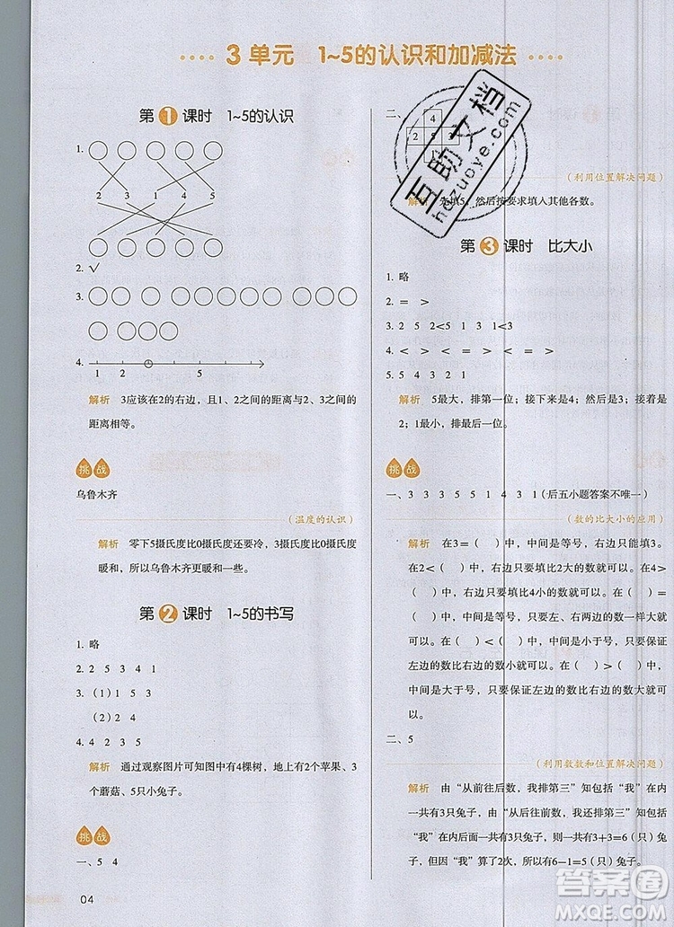 2019年一本我愛寫作業(yè)小學(xué)數(shù)學(xué)一年級(jí)上冊(cè)人教版參考答案