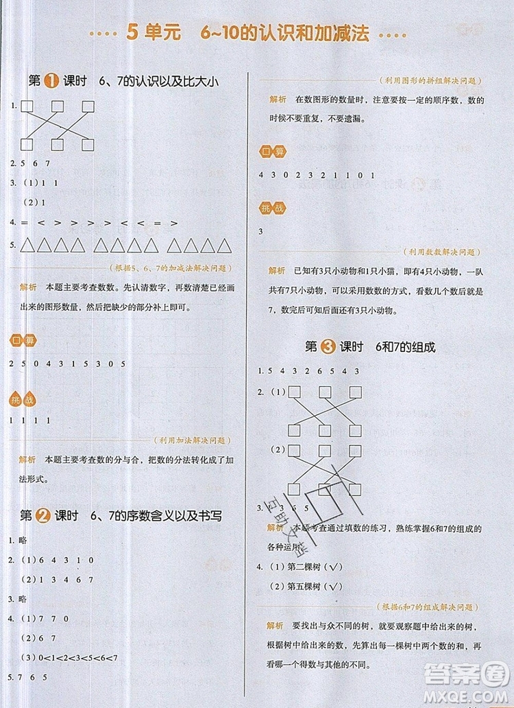 2019年一本我愛寫作業(yè)小學(xué)數(shù)學(xué)一年級(jí)上冊(cè)人教版參考答案