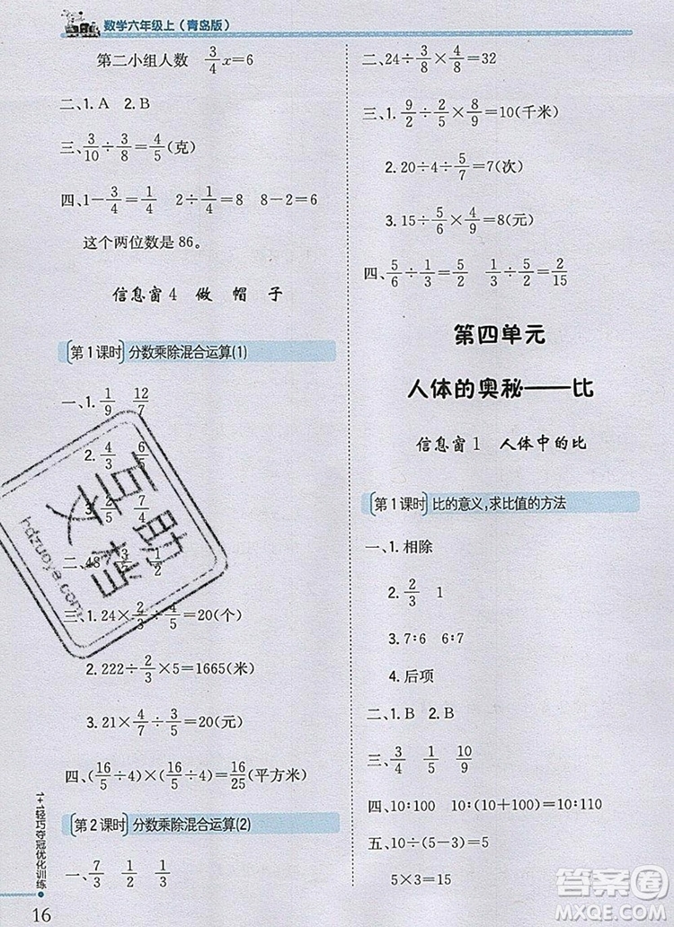 2019年1加1輕巧奪冠優(yōu)化訓練六年級數學上冊青島版銀版參考答案