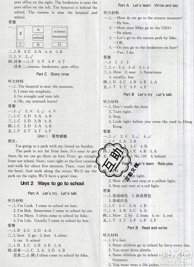 2019年1加1輕巧奪冠優(yōu)化訓(xùn)練六年級英語上冊人教PEP版參考答案