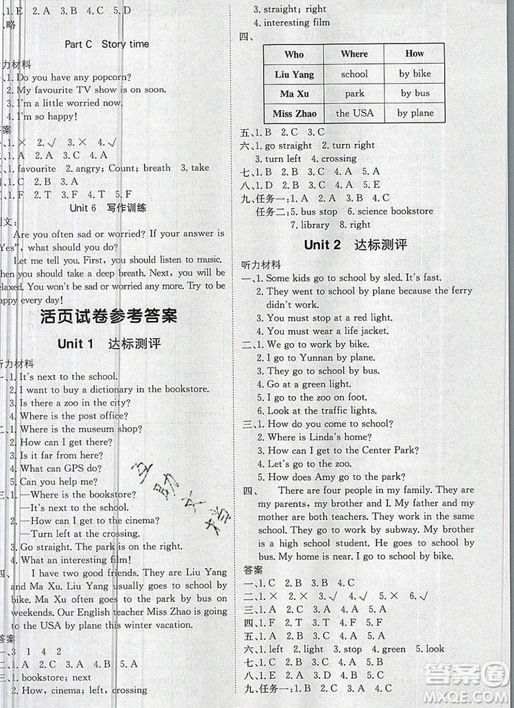 2019年1加1輕巧奪冠優(yōu)化訓(xùn)練六年級英語上冊人教PEP版參考答案
