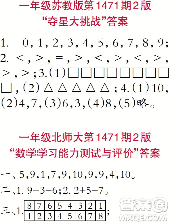 2019年秋小學(xué)生數(shù)學(xué)報(bào)一年級(jí)第1471期答案