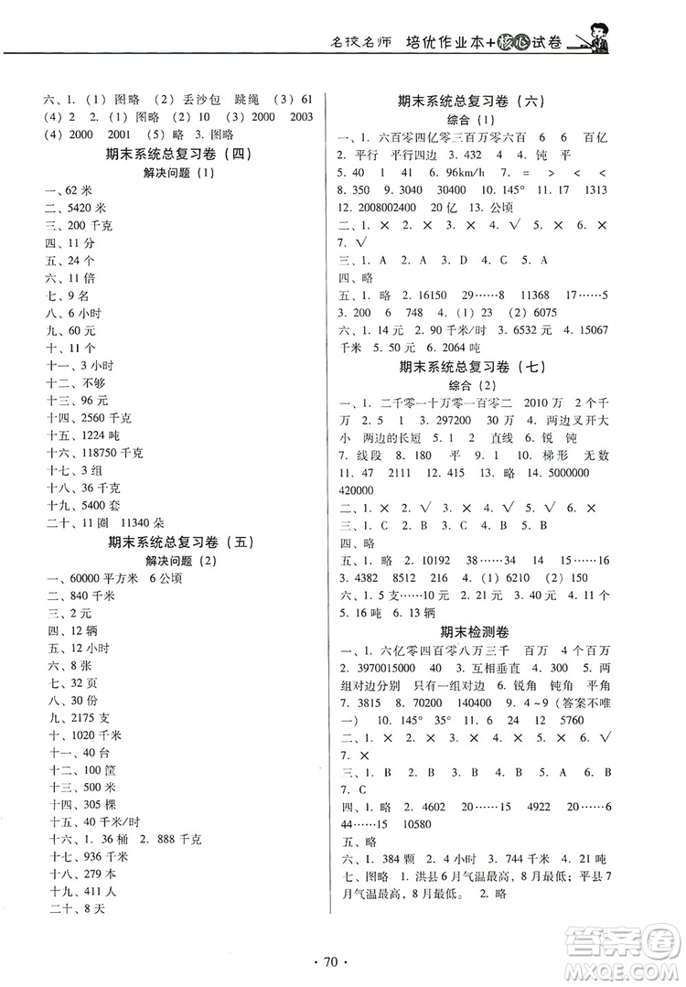 2019名校名師培優(yōu)作業(yè)本+核心試卷四年級(jí)數(shù)學(xué)上冊人教版答案