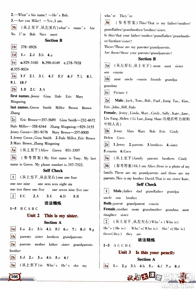 狀元成才路2019年狀元大課堂導(dǎo)學(xué)案標(biāo)準(zhǔn)本七年級英語上R人教版參考答案