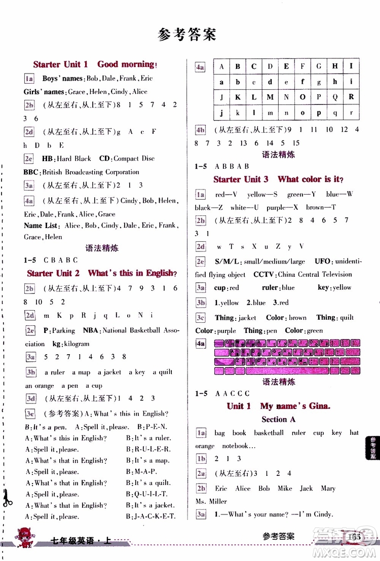 狀元成才路2019年狀元大課堂導(dǎo)學(xué)案標(biāo)準(zhǔn)本七年級英語上R人教版參考答案
