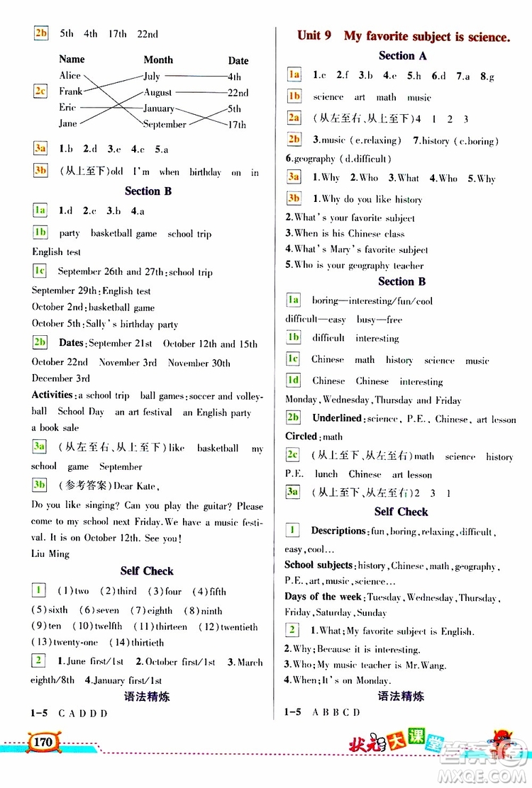 狀元成才路2019年狀元大課堂導(dǎo)學(xué)案標(biāo)準(zhǔn)本七年級英語上R人教版參考答案