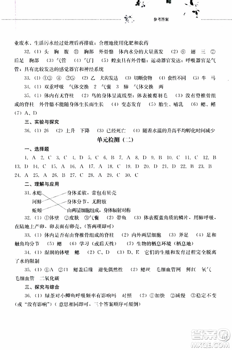 山東大學(xué)出版社2019年初中課堂同步訓(xùn)練生物學(xué)八年級(jí)上冊參考答案