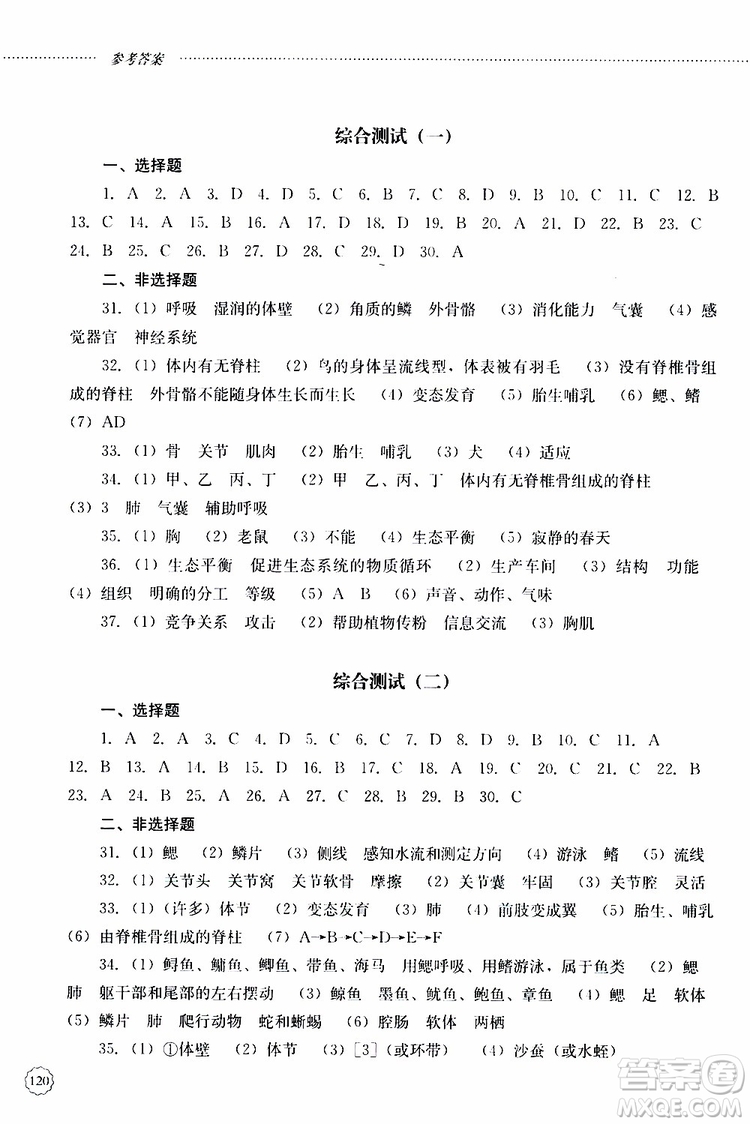 山東大學(xué)出版社2019年初中課堂同步訓(xùn)練生物學(xué)八年級(jí)上冊參考答案