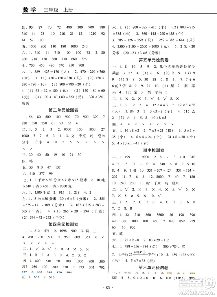 2019名校名師培優(yōu)作業(yè)本+核心試卷三年級數(shù)學上冊人教版答案