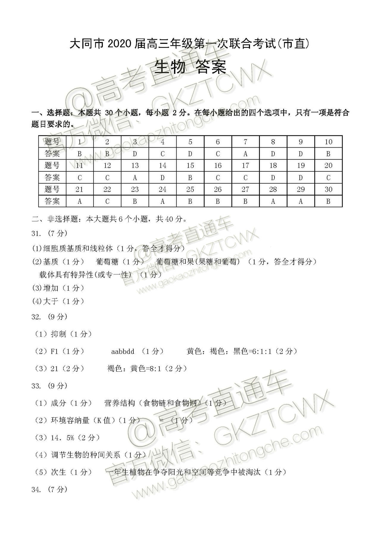 大同市2020屆高三年級(jí)第一次聯(lián)合考試市直生物試題及參考答案