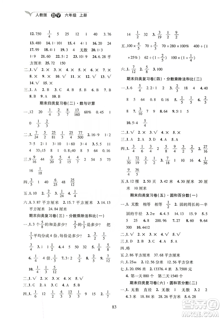 2019云南名校名卷期末沖刺100分六年級數(shù)學人教版答案