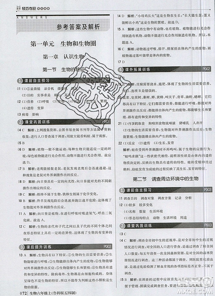 1加1輕巧奪冠優(yōu)化訓(xùn)練六年級(jí)生物上冊(cè)魯科版五四制銀版2019年秋參考答案