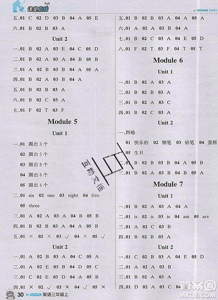 2019年外研版1加1輕巧奪冠課堂直播三年級(jí)英語上冊(cè)參考答案