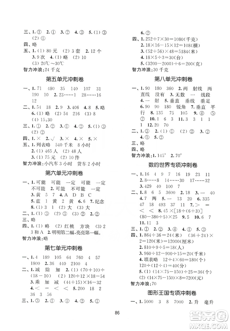 2019名師點(diǎn)撥期末沖刺滿分卷四年級(jí)數(shù)學(xué)上冊(cè)江蘇版適用答案